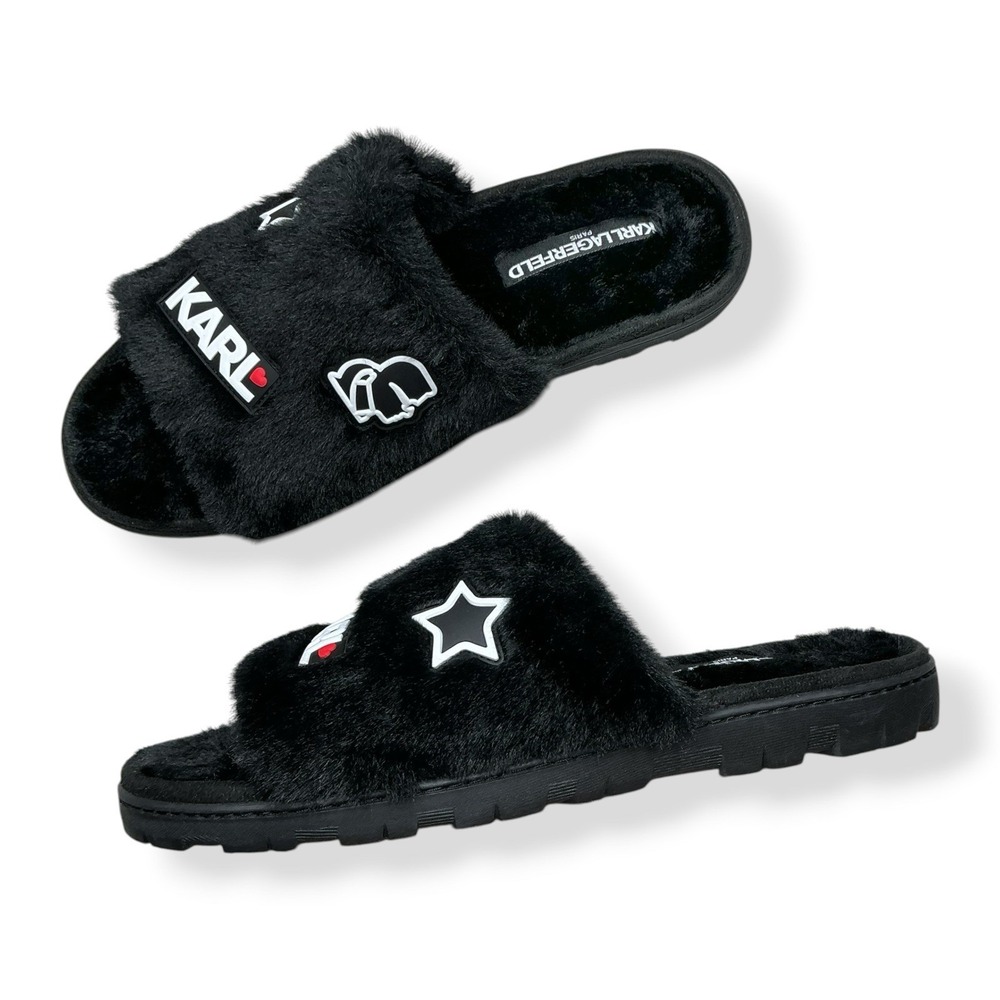 Karl Lagerfeld Slippers Women Size 10 Black Faux Furry Slip On Slides NWOT
